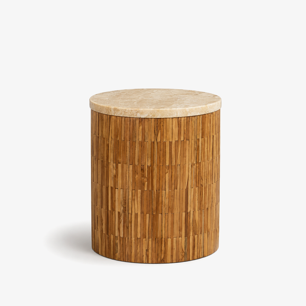 Natural Teak Wood and Onyx Stone Side Table - Handcrafted Drum End Table with Unique Wood Tiles