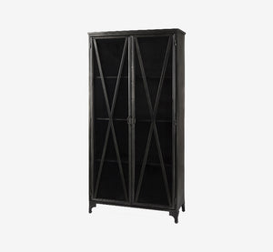 73.8" Industrial Black Metal Curio Cabinet with Glass Doors