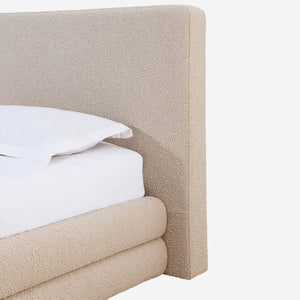Modern Oatmeal Bouclé Upholstered Platform Bed | Tiered Base Bed Frame