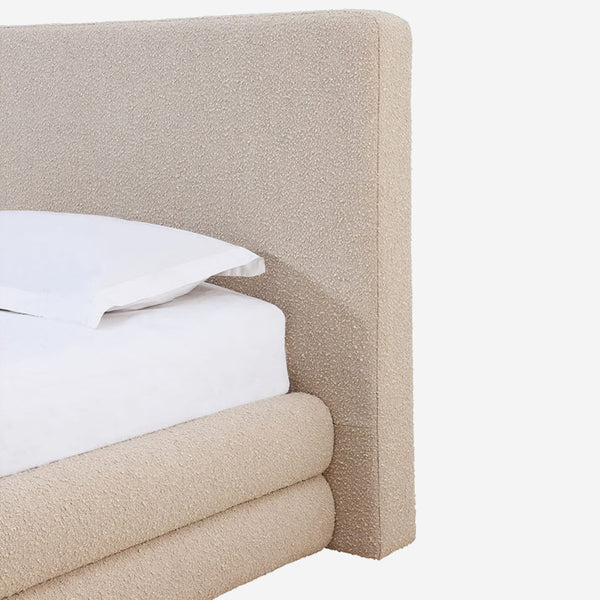 Modern Oatmeal Bouclé Upholstered Platform Bed | Tiered Base Bed Frame