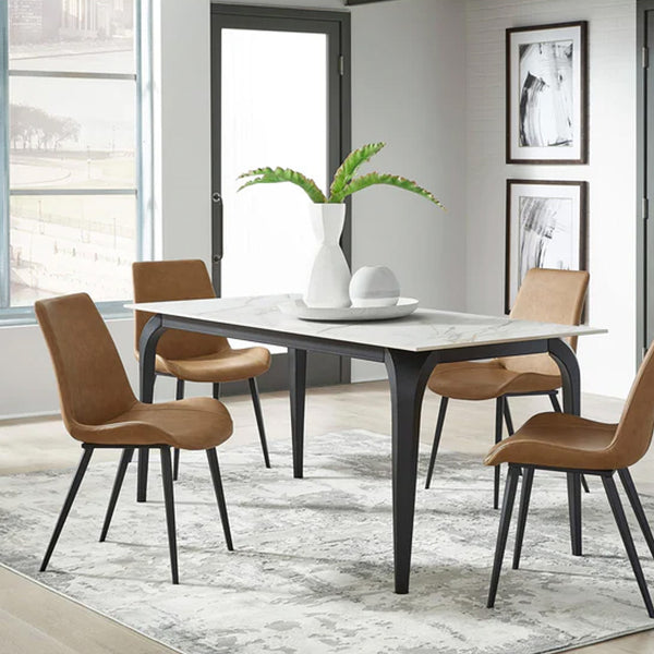 Rectangular Sintered Stone Dining Table with Calacatta White Marble Top and Black Legs