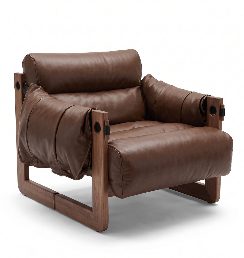 Modern Ash Wood Lounge Chair in Tobacco Oil Wax Leather - Architectural Accent Chair with Draped Armrests