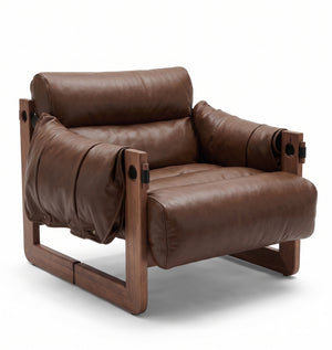 Modern Ash Wood Lounge Chair in Tobacco Oil Wax Leather - Architectural Accent Chair with Draped Armrests