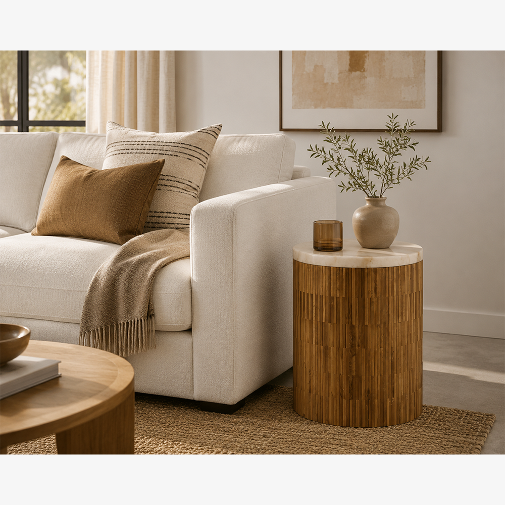 Natural Teak Wood and Onyx Stone Side Table - Handcrafted Drum End Table with Unique Wood Tiles