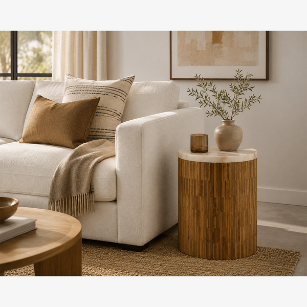 Natural Teak Wood and Onyx Stone Side Table - Handcrafted Drum End Table with Unique Wood Tiles