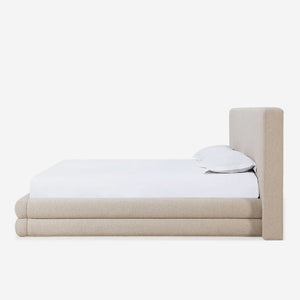 Modern Oatmeal Bouclé Upholstered Platform Bed | Tiered Base Bed Frame