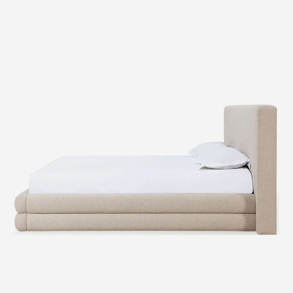 Modern Oatmeal Bouclé Upholstered Platform Bed | Tiered Base Bed Frame
