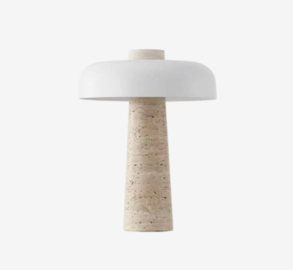 Modern Travertine Mushroom Table Lamp with Brushed Metal Dome Shade - Natural Stone Bedside Light