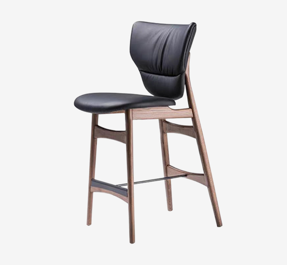 Mid-Century Modern Bar Stool with Curved Black Upholstered Backrest