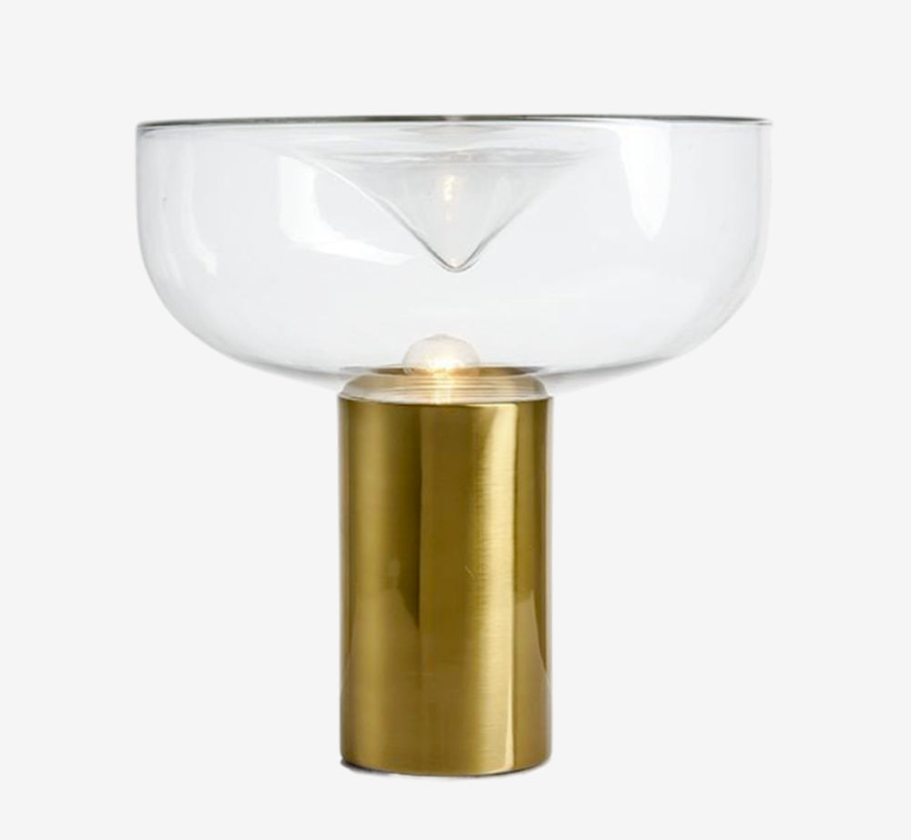 Modern Glass Funnel Table Lamp – Brushed Brass Pedestal Accent Light – Architectural Glass Bowl Desk Lamp