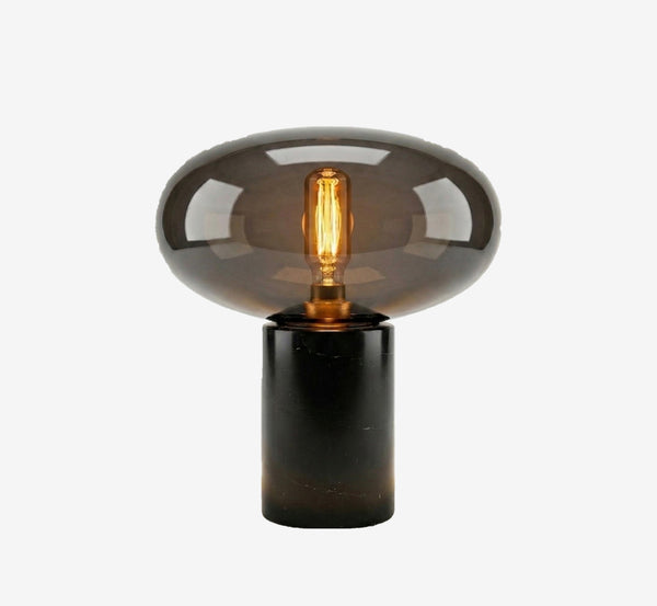 Glass Mushroom Table Lamp - Mid-Century Modern Bedside Light with Matte Black Base - Vintage Ambient Desktop Lighting for Bedroom, Living Room & Home Office