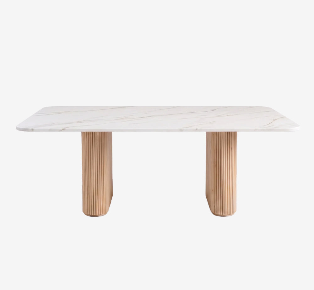 Modern Organic Marble & Slatted Wood Dining Table