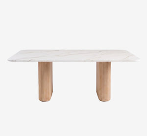 Modern Organic Marble & Slatted Wood Dining Table