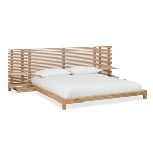 Modern Scandinavian Solid Wood Bed Frame | Slat Wall Bed with Floating Bedside Tables