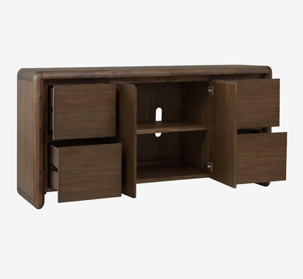 Mid-Century Modern Solid Wood Sideboard - Curved Edge Credenza with 4 Drawers & 2 Doors Media Console
