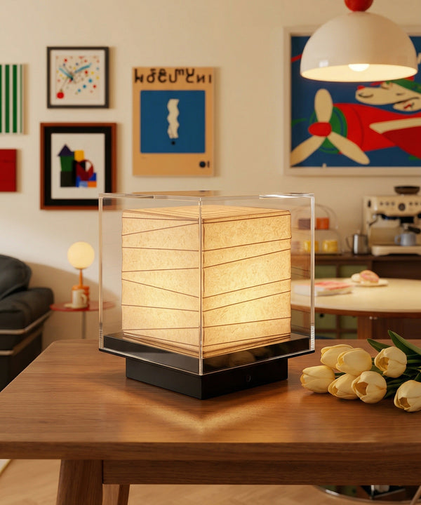 Modern Minimalist Washi Paper Cube Table Lamp with Acrylic Case
