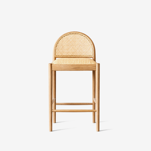 Modern Oak Wood Rattan Bar Stool with Upholstered Seat – Scandinavian Counter Height Stool