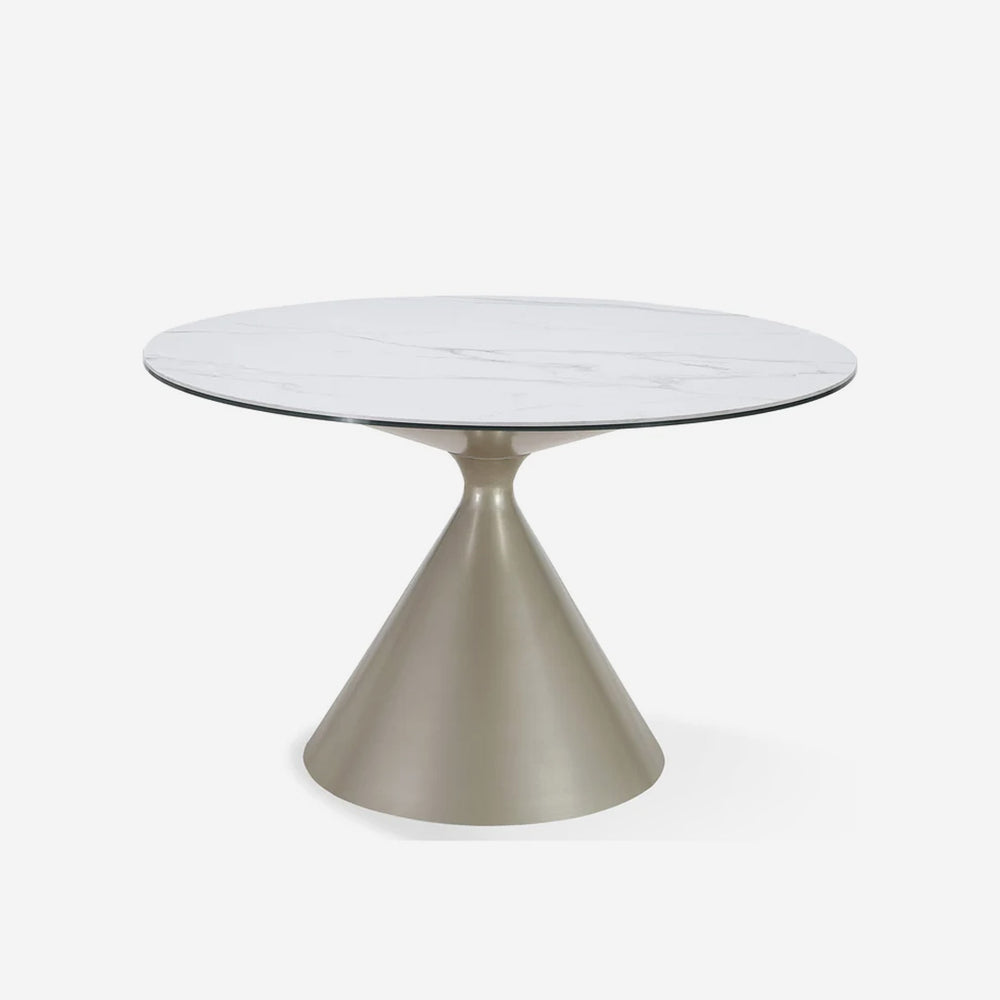 Modern Round Marble Dining Table with Champagne Gold Conical Pedestal Base