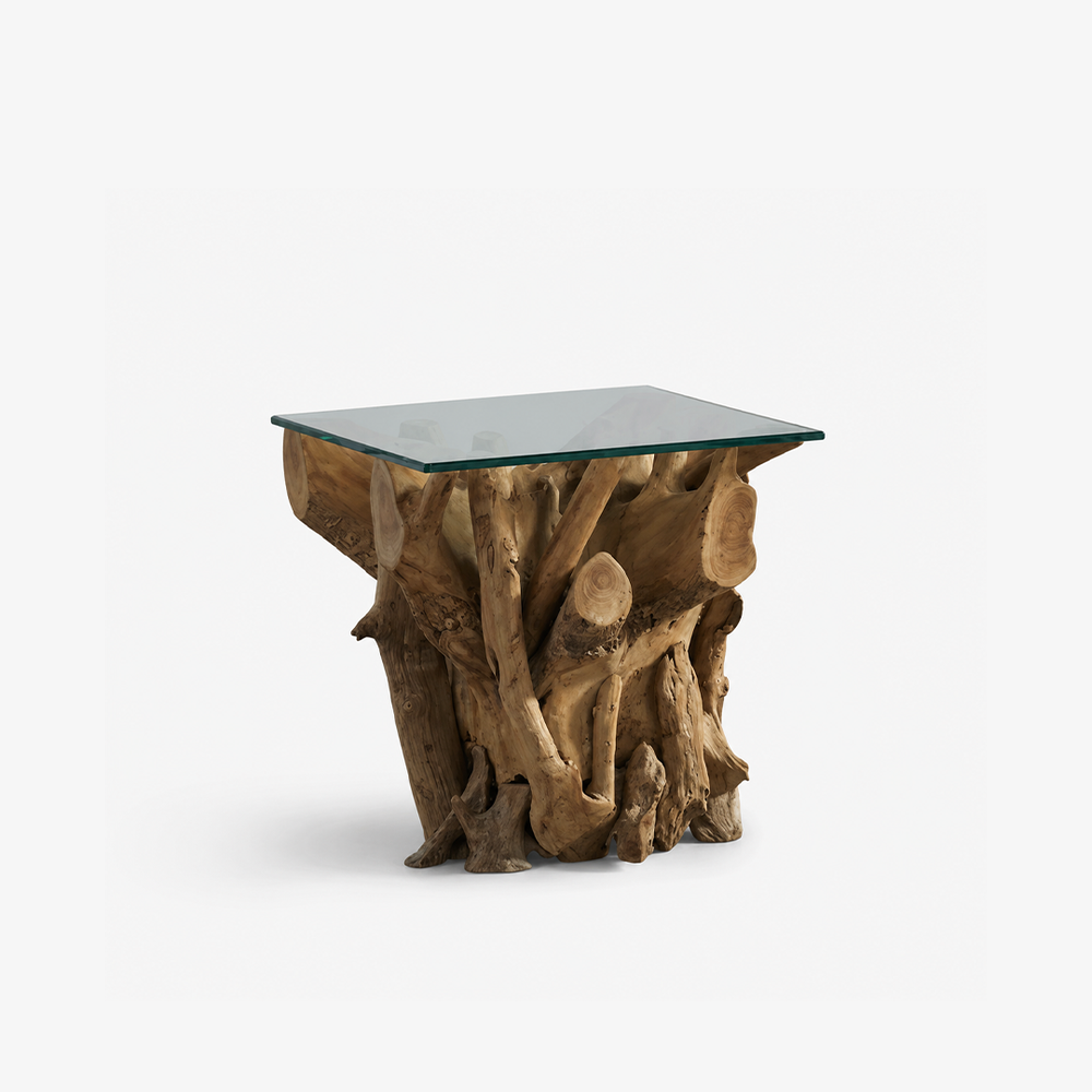 Handcrafted Teak Root Side Table with Clear Tempered Glass Top - One-of-a-Kind Natural Wood End Table
