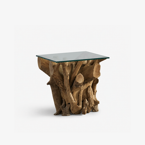Handcrafted Teak Root Side Table with Clear Tempered Glass Top - One-of-a-Kind Natural Wood End Table