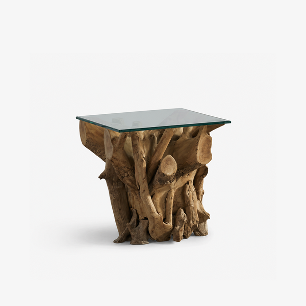 Handcrafted Teak Root Side Table with Clear Tempered Glass Top - One-of-a-Kind Natural Wood End Table