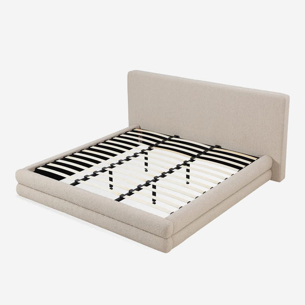 Modern Oatmeal Bouclé Upholstered Platform Bed | Tiered Base Bed Frame