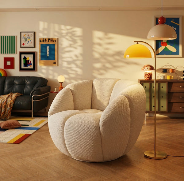 Modern Bouclé Pumpkin Swivel Accent Chair - Cream / Ivory