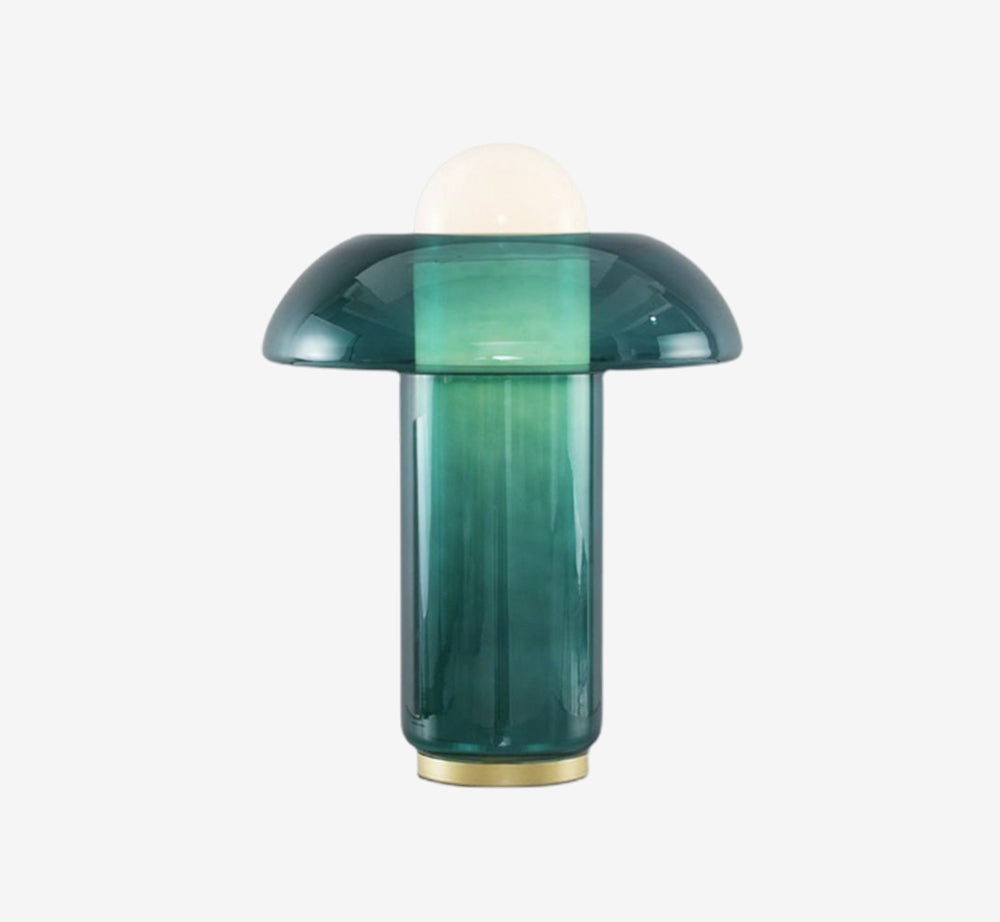 Modern Emerald Green Glass Mushroom Table Lamp – Translucent Teal Space Age Accent Light – Contemporary Art Glass Bedside Lamp