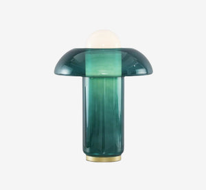 Modern Emerald Green Glass Mushroom Table Lamp – Translucent Teal Space Age Accent Light – Contemporary Art Glass Bedside Lamp