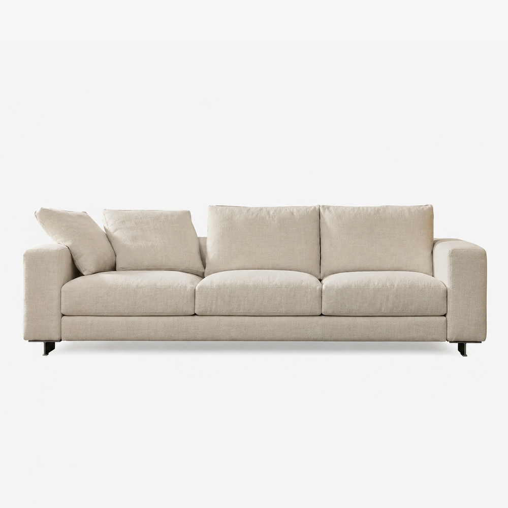 Serene Modern Upholstered 3-Seater Sofa | Minimalist Fabric Couch with Chrome Legs - Oatmeal Beige