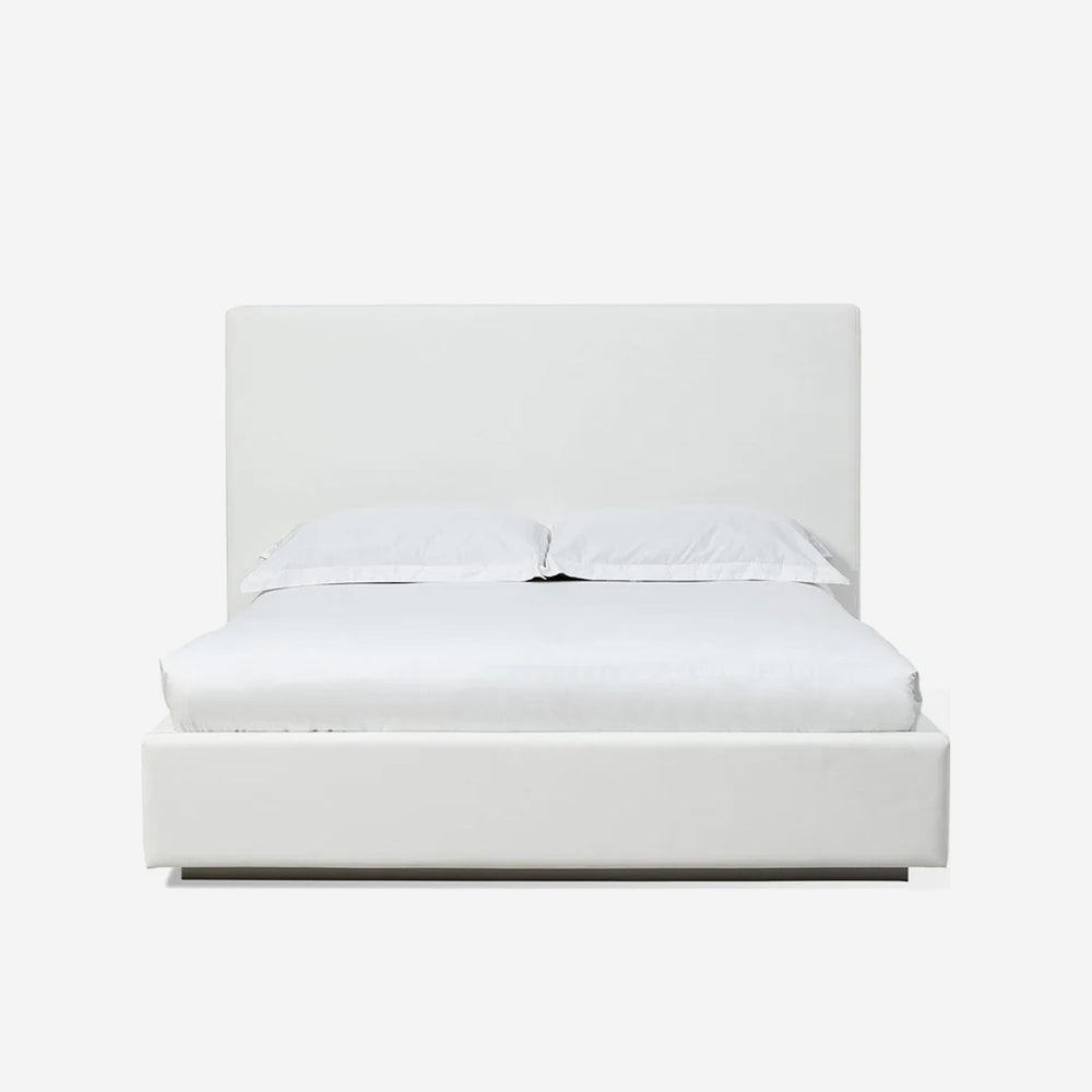 Minimalist White Linen Upholstered Platform Bed | Modern Fabric Bed Frame