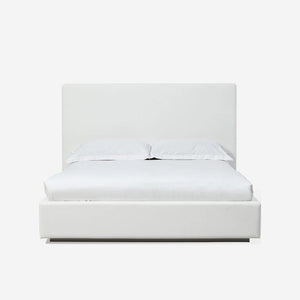 Minimalist White Linen Upholstered Platform Bed | Modern Fabric Bed Frame