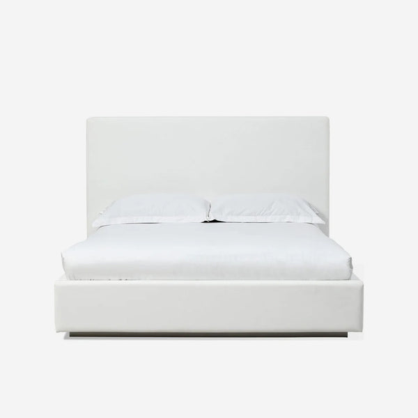 Minimalist White Linen Upholstered Platform Bed | Modern Fabric Bed Frame