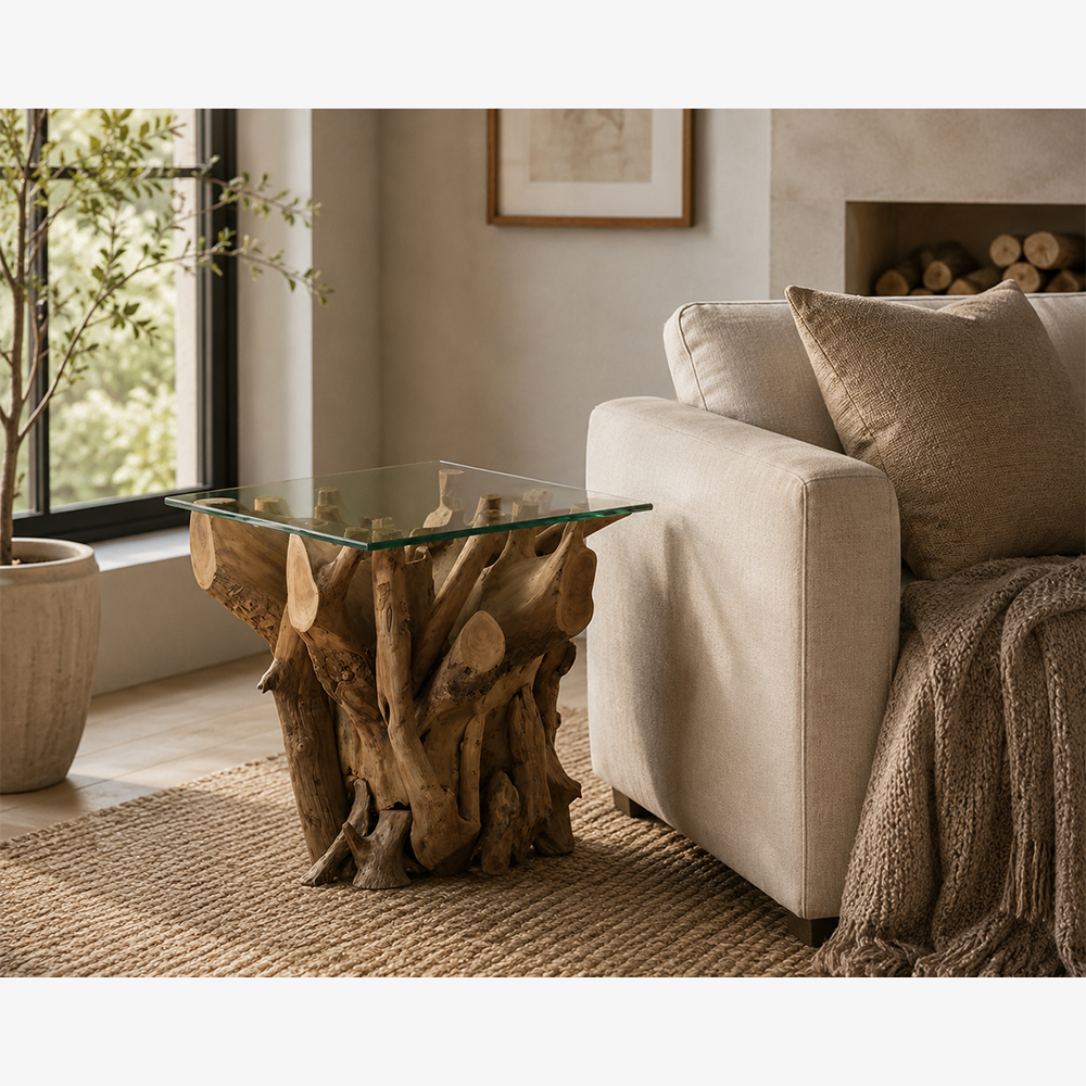 Handcrafted Teak Root Side Table with Clear Tempered Glass Top - One-of-a-Kind Natural Wood End Table