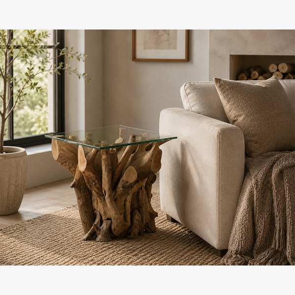 Handcrafted Teak Root Side Table with Clear Tempered Glass Top - One-of-a-Kind Natural Wood End Table