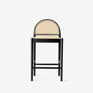 Modern Oak Wood Rattan Bar Stool with Upholstered Seat – Scandinavian Counter Height Stool