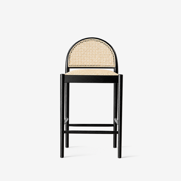 Modern Oak Wood Rattan Bar Stool with Upholstered Seat – Scandinavian Counter Height Stool
