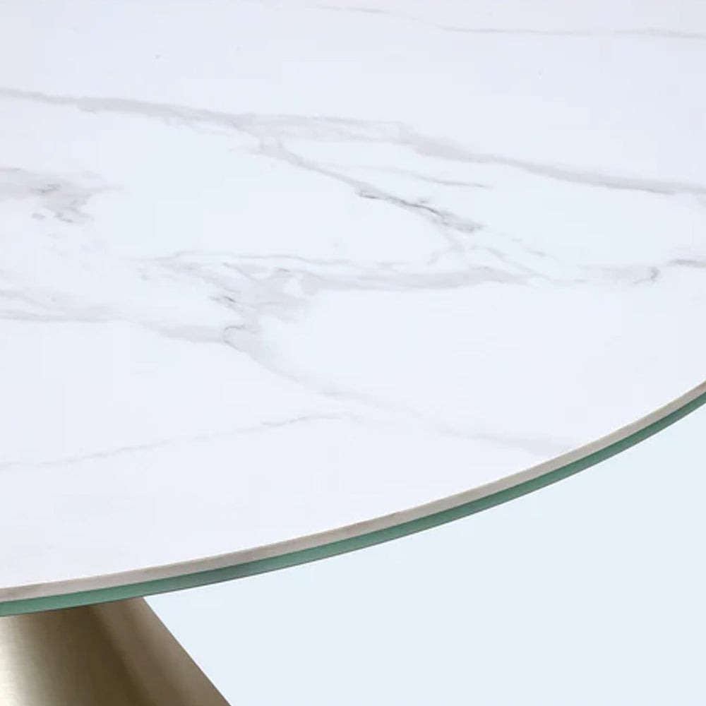 Modern Round Marble Dining Table with Champagne Gold Conical Pedestal Base