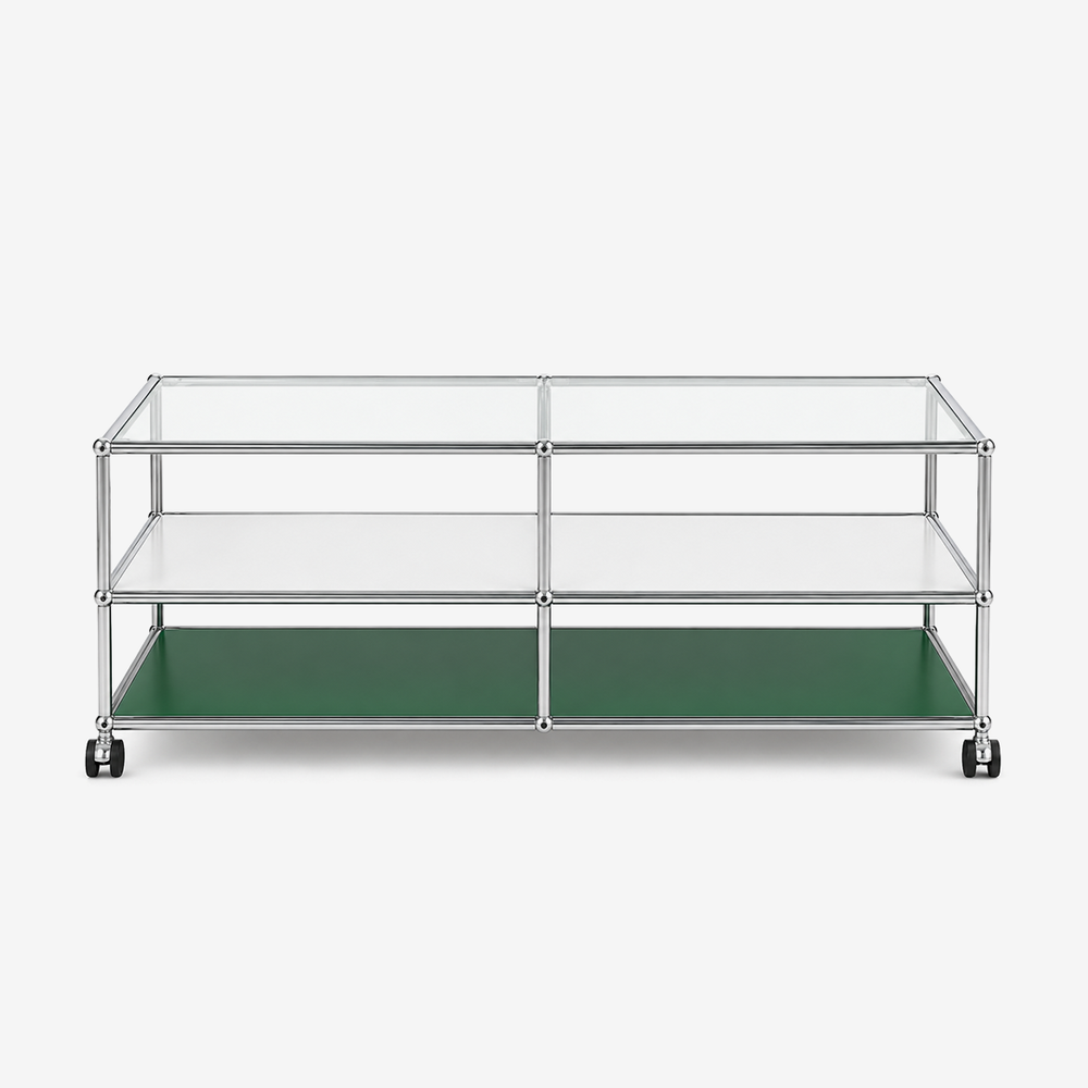 ModuSteel Modern Three-Tier Glass Coffee Table with Casters