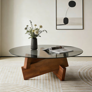 Modern Round Coffee Table for Living Room, 27.5" x 27.5" x 12.2" Mid Century Center Table with Tempered Glass Top and Wood, Walnut