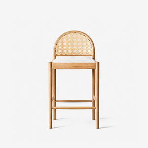 Modern Oak Wood Rattan Bar Stool with Upholstered Seat – Scandinavian Counter Height Stool