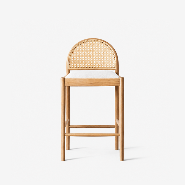 Modern Oak Wood Rattan Bar Stool with Upholstered Seat – Scandinavian Counter Height Stool