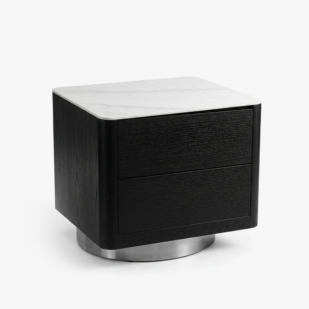 Modern Dark  2-Drawer Nightstand with Brushed Metal Swivel Base