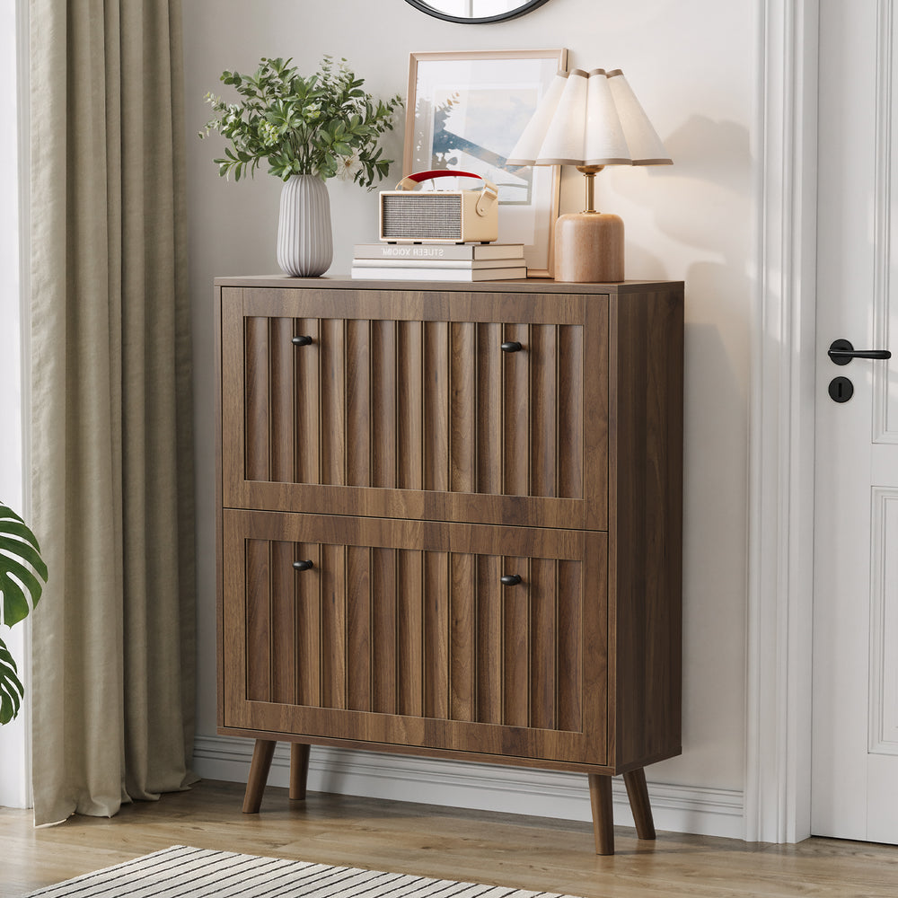 Medieval-style modern shoe cabinet, upright shoe storage unit with vertical grooved finish, 31.5-inch walnut-colored shoe cabinet, suitable for hallways, passageways and entrances.