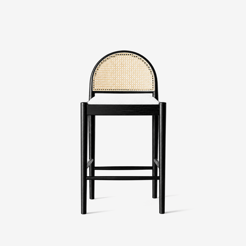 Modern Oak Wood Rattan Bar Stool with Upholstered Seat – Scandinavian Counter Height Stool