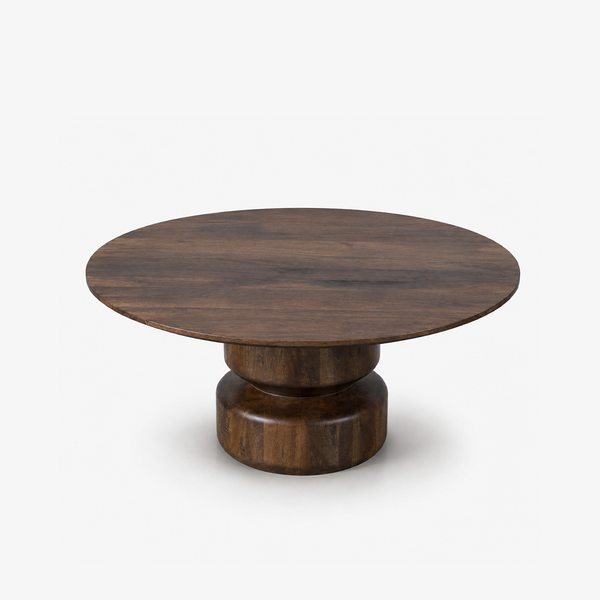 Modern Round Solid Wood Coffee Table with Sculptural Pedestal Base