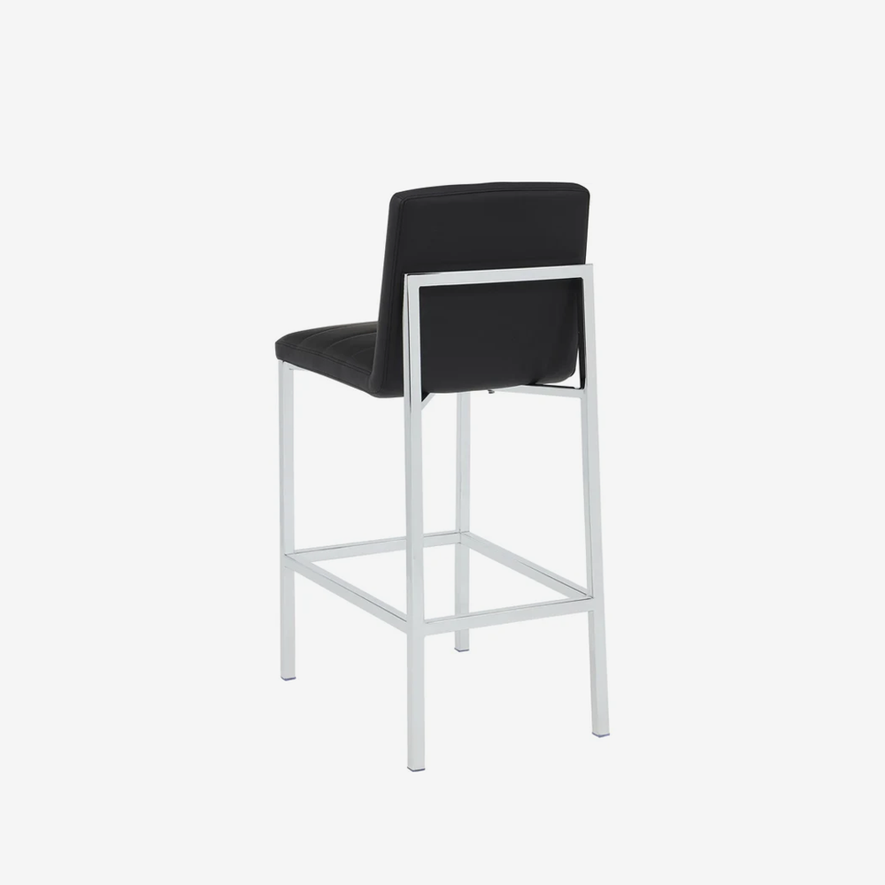 Modern Black Faux Leather Bar Stool with Chrome Frame and Channel Tufted Back