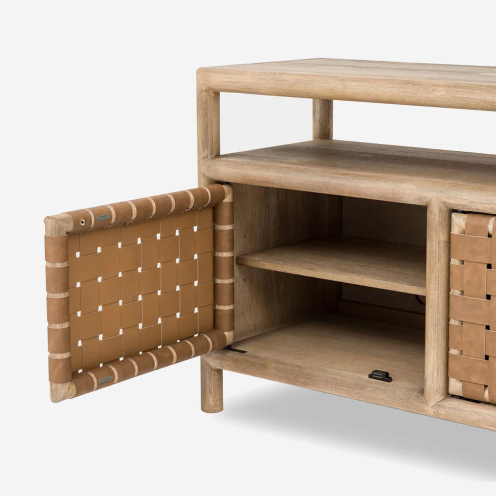 Modern Coastal Solid Wood Media Console with Woven Leather Doors