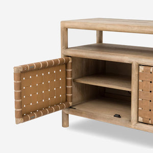 Modern Coastal Solid Wood Media Console with Woven Leather Doors