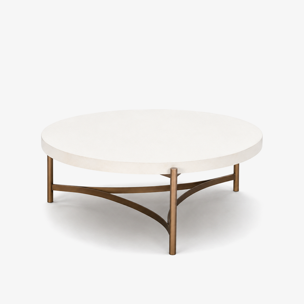 Modern Industrial Coffee Table - Circular White Faux Concrete Top with Black Metal Frame